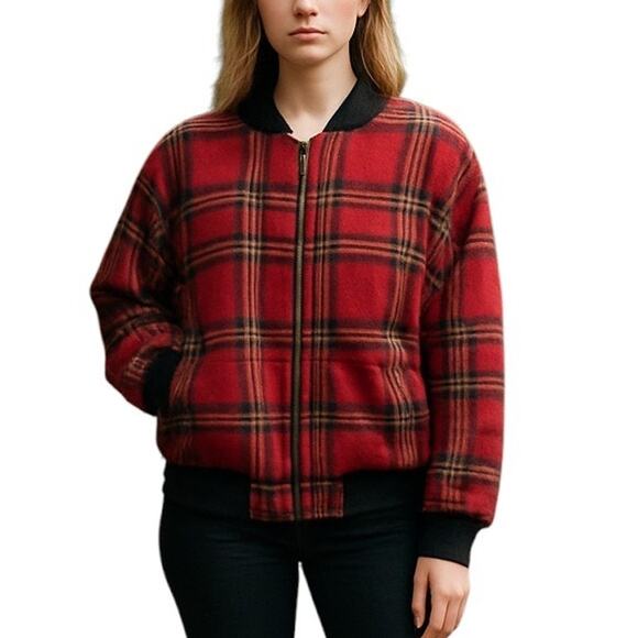 Vintage Woolrich Wool Mohair Red Tartan Plaid Bomber Jacket Coat USA Women XL - Picture 1 of 9